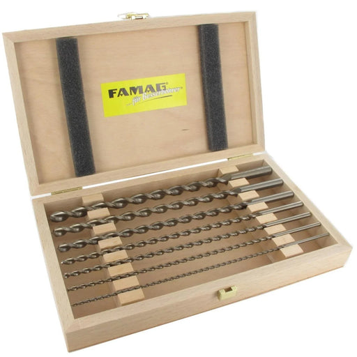 Set of 7 drill bits in a wooden box with FAMAG branding.