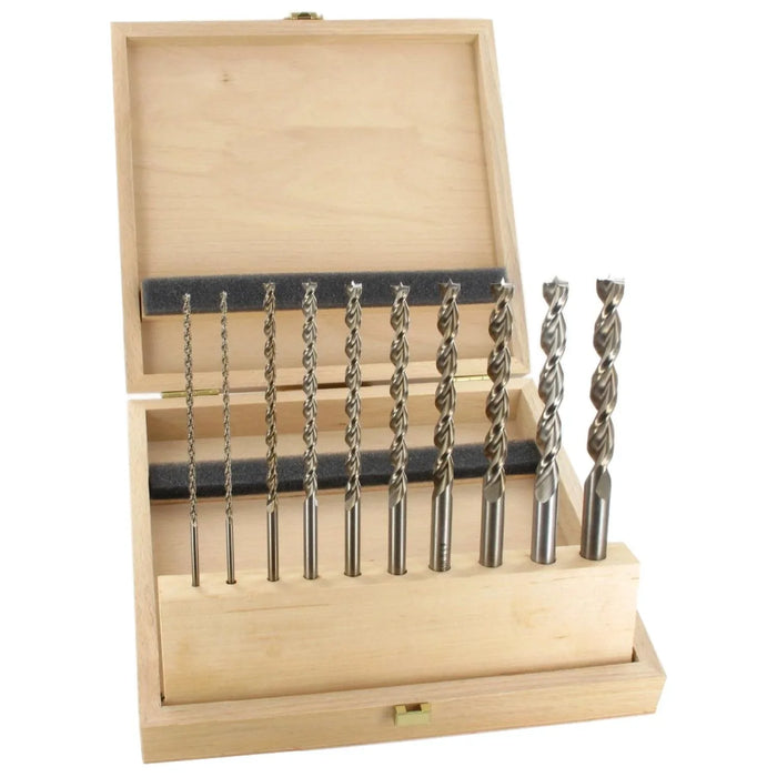Set of 10 drill bits in a wooden box on a white background