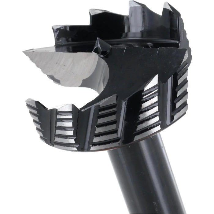 Black metal drill bit on a white background