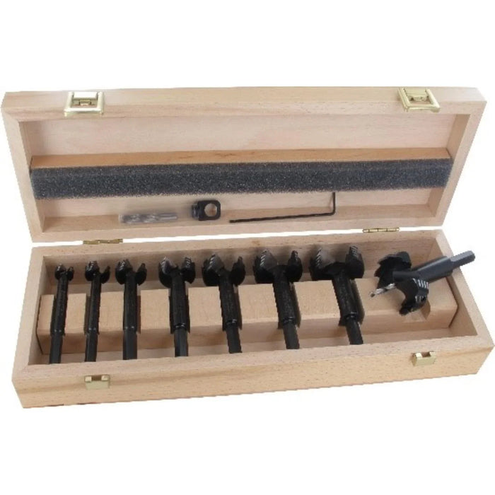 Set of 8 black Bormax WS prima bits in a wooden box on a white background