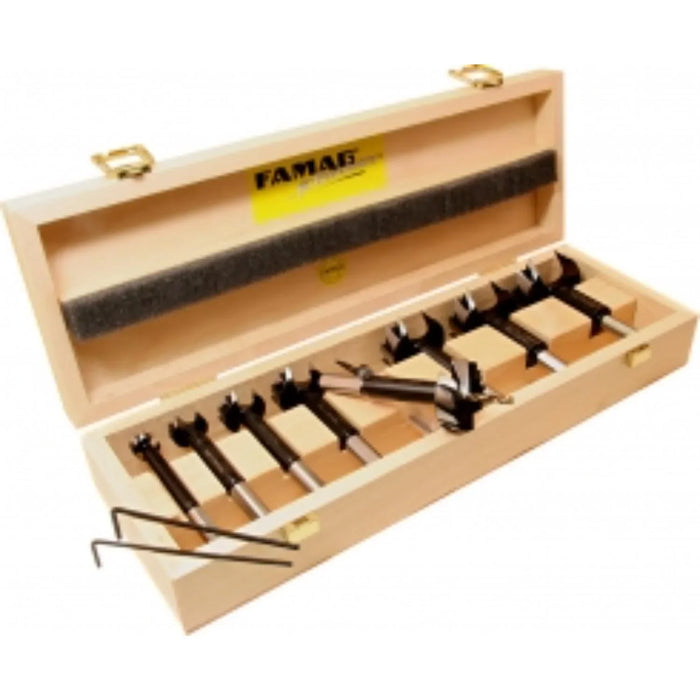 Set of 7 black Bormax WS prima bits  in a wooden box on a white background