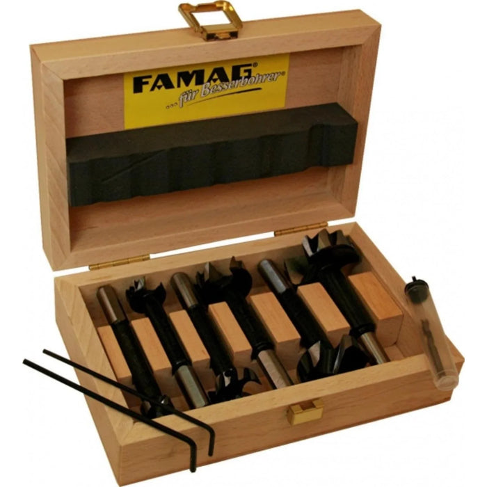 Set of 6 black Bormax WS prima bits in a wooden box on a white background