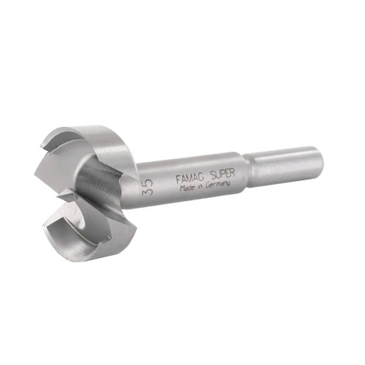 Metal drill bit with '35 FAMAG SUPER Made in Germany' etched into it  on a white background