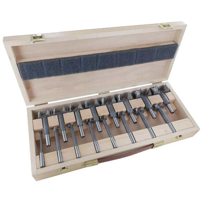 Set of 16 metal forstner bits in a wooden case on a white background