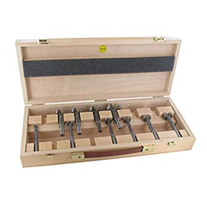 Set of 10 Artificial drill bits in a wooden box on a white background