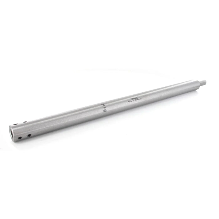 Silver coloured metal rod with engraved text on a white background