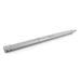 Silver coloured metal rod with engraved text on a white background