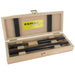 Wooden tool case with black tools and FAMAG logo on a white background