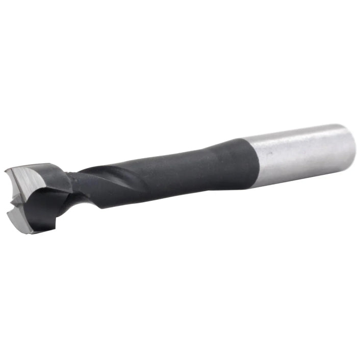 Drill bit with black and silver design on a white background