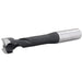 Drill bit with black and silver design on a white background