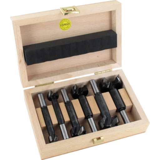 Set of drill bits in a wooden box with a visible brand label.