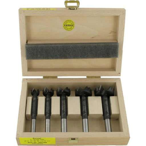 Set of 5 black Bormax HM tipped bits in a wooden box on a white background