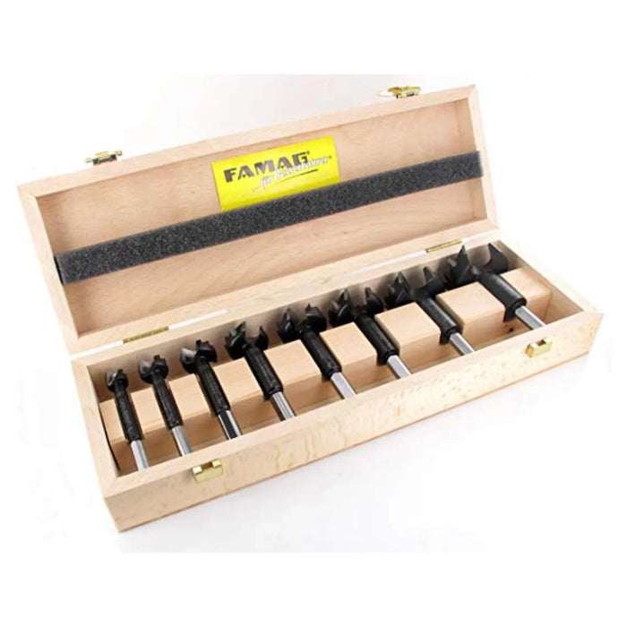 Set of 8 black Bormax HM tipped bits in a wooden box on a white background