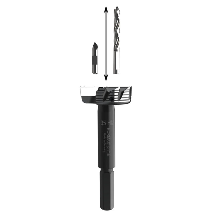 Diagram of Drill bit set with a drill showing placement of centre point and pilot drill