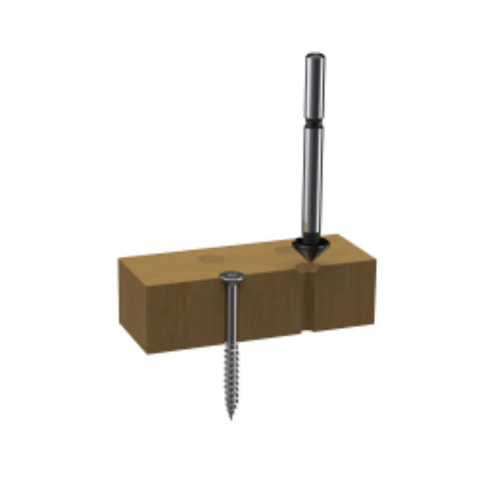 Screw and drill bit on a wooden block with a white background