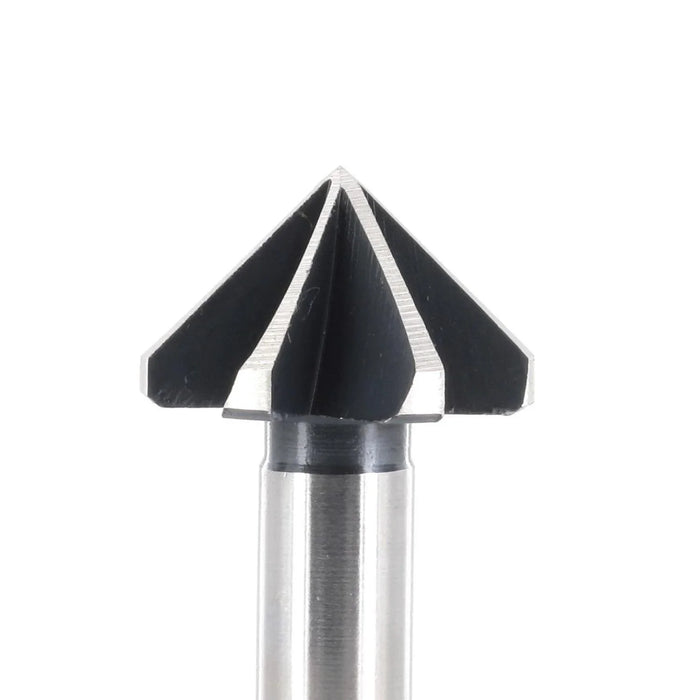Metal router bit with three angled cutting edges on a white background