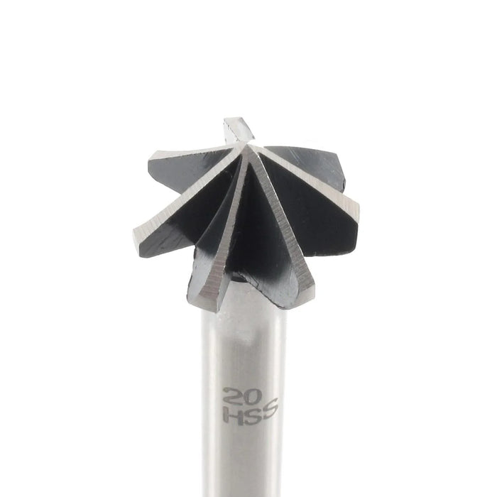 Metal router bit with multiple cutting edges on a white background
