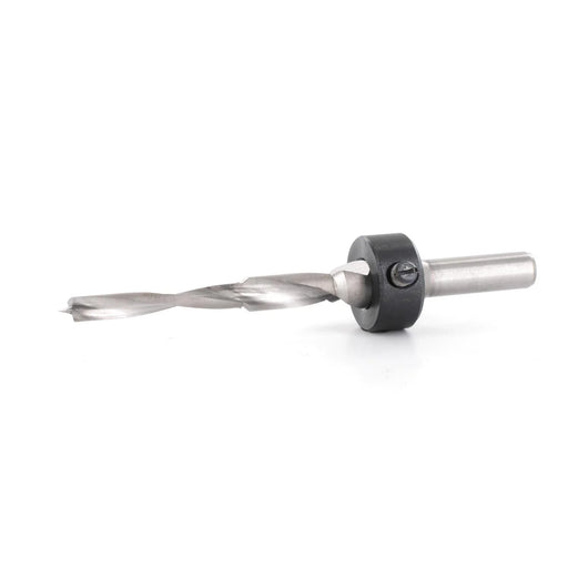 metal Drill bit fitted with a black depth adjuster on a white background