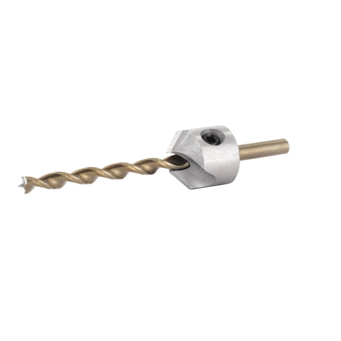 Drill bit with silver coloured countersink on a white background