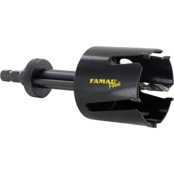 Black hole saw with 'FAMAG' branding on mounting shaft on a white background