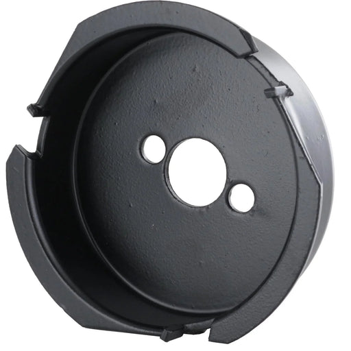 Black metal circular hole edge countersink on a white background