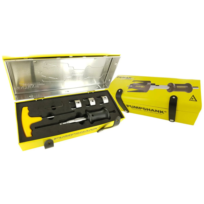 Pumpshank tool set with open yellow case on a white background