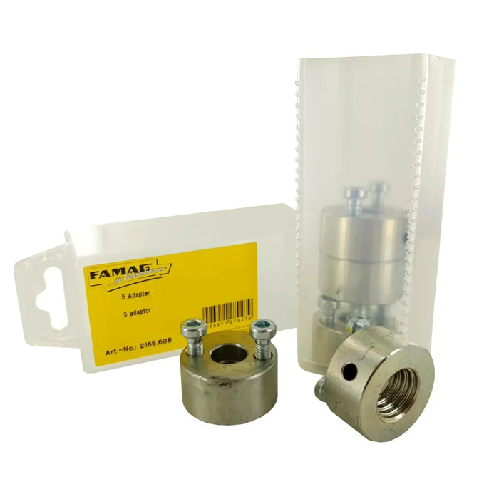 5 Metallic adapter components in clear plastic casie on a white background