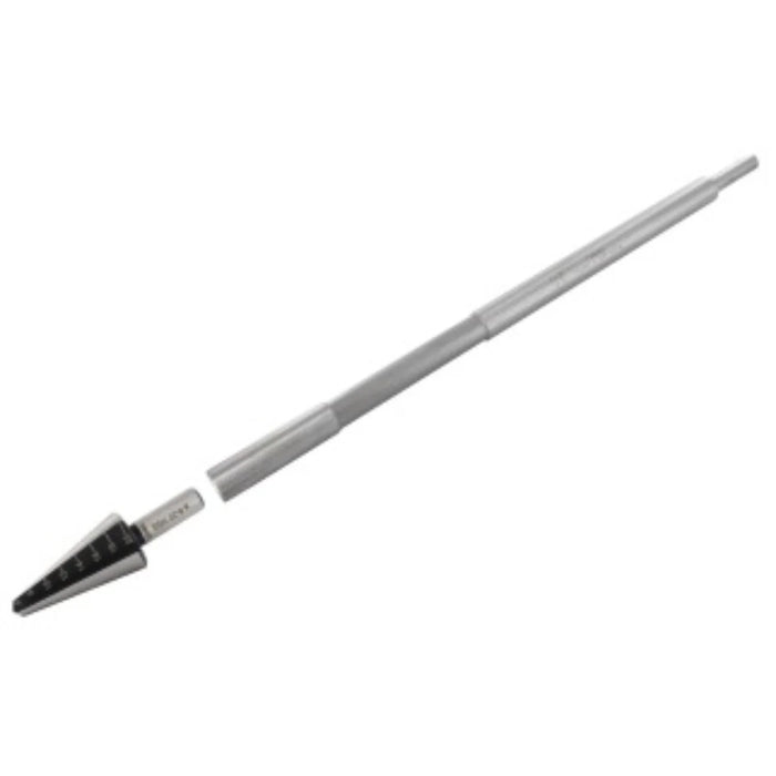 metal guide mandrel with black drill head on a white background