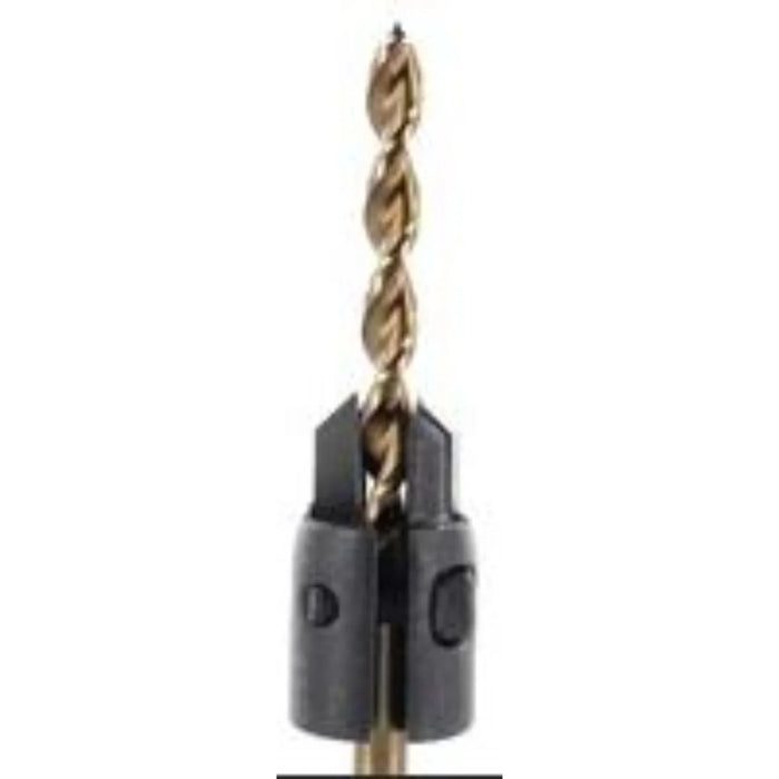 Drill bit with a black vario countersink fitted on a white background