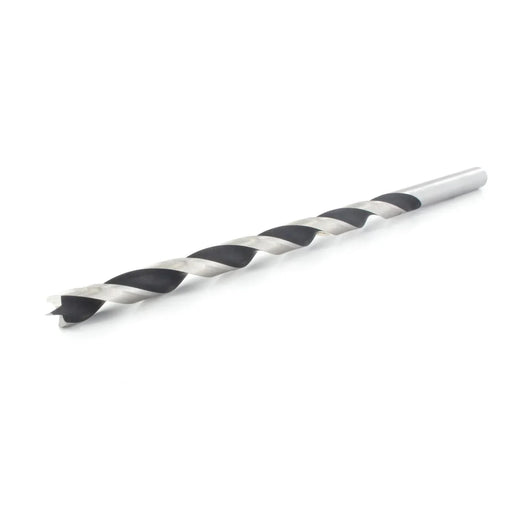 Drill bit with black and silver spiral pattern on a white background