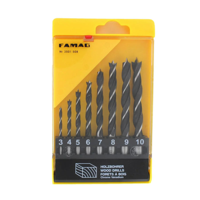Set of 8 drill bits in a yellow Famab plastic case on a white background