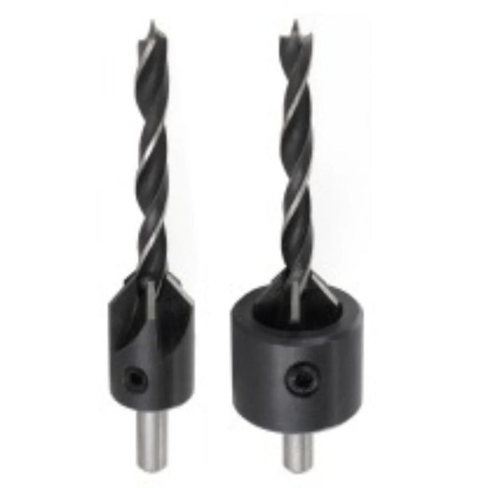 Two drill bits with differing diameter countersinks on a white background
