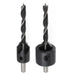 Two drill bits with differing diameter countersinks on a white background