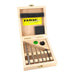 Wooden box with drill bits and a FAMAG label on a white background