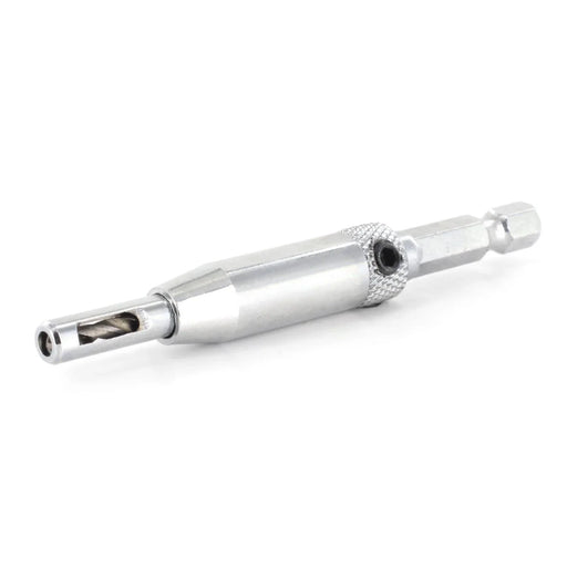Metallic self centring hinge hole drill on a white background